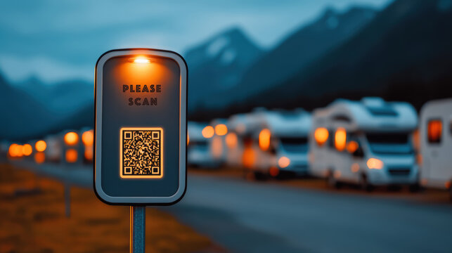 In a serene valley, a QR code sign illuminates the path, guiding a line of RVs silhouetted against misty mountains in the soft twilight glow.