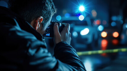 A photographer captures a moment of intensity as police lights illuminate the night, revealing a scene of investigation and suspense.