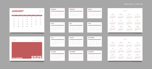 Set of 2025 Pages Monthly Calendar Planner Templates, Cover with Place for Photo, Company Logo, Annual. Design of Vector layout Calendar Pages size A4-21x29.7 cm in for print. Week start on Monday