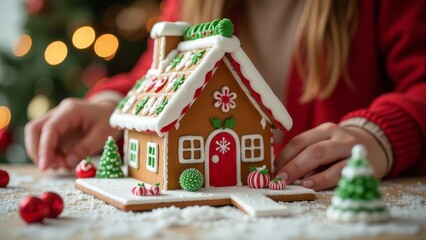 Children decorate gingerbread house, cozy homely Christmas atmosphere.