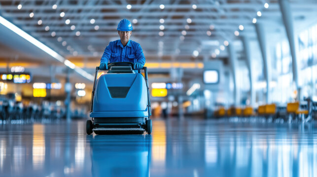 A lone worker in blue uniform operates a floor cleaner in an expansive, bright airport terminal, reflecting diligence and modern efficiency.