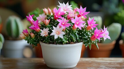 Pink and White Schlumbergera Blooming in Pot