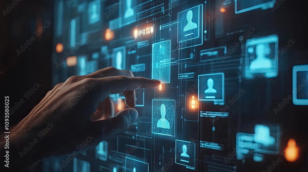 Poster hand interacting with digital interface showing profiles.