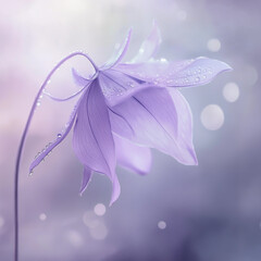 Purple flower with water droplets on petals in soft focus background