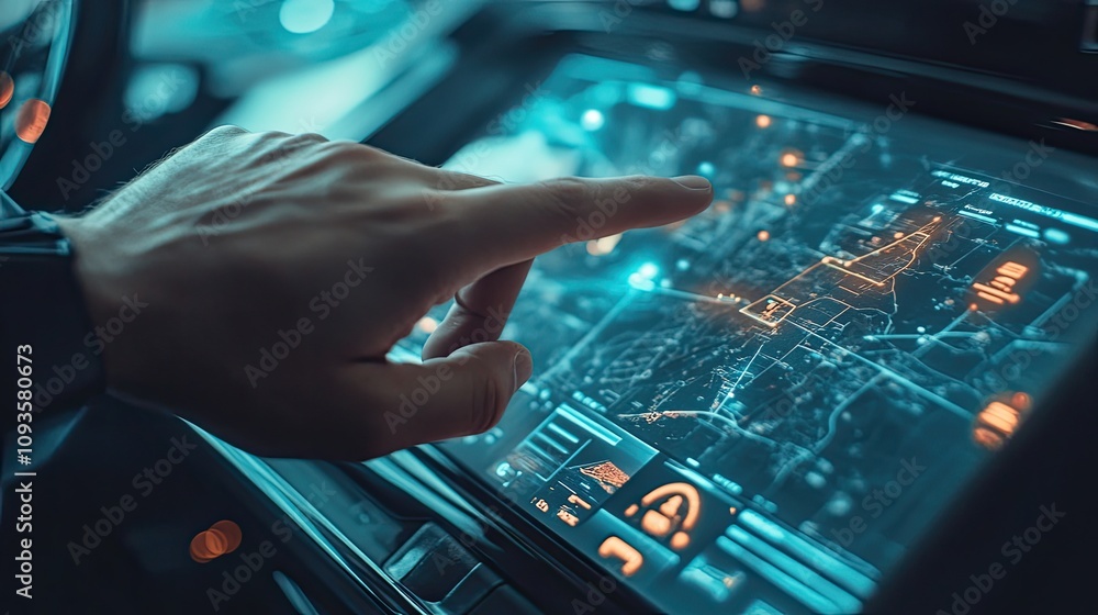 Poster hand using futuristic car navigation system.