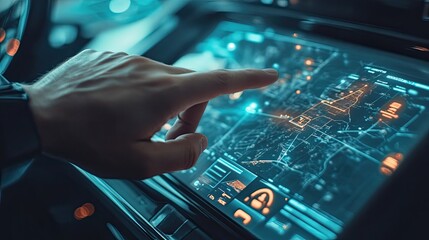 Hand using futuristic car navigation system.