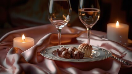 Elegant table arrangement with pink satin fabric, white roses, lit candles, wine glasses, and a plate of assorted chocolates, creating a romantic and sophisticated atmosphere.