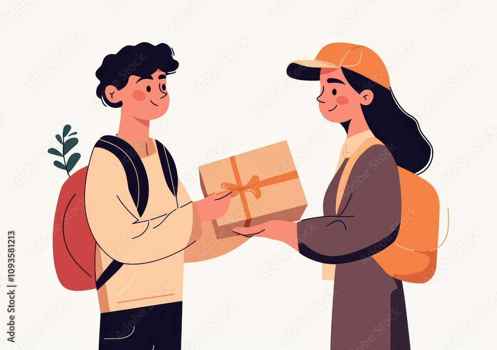 Poster Two individuals exchanging a package, symbolizing delivery and connection.