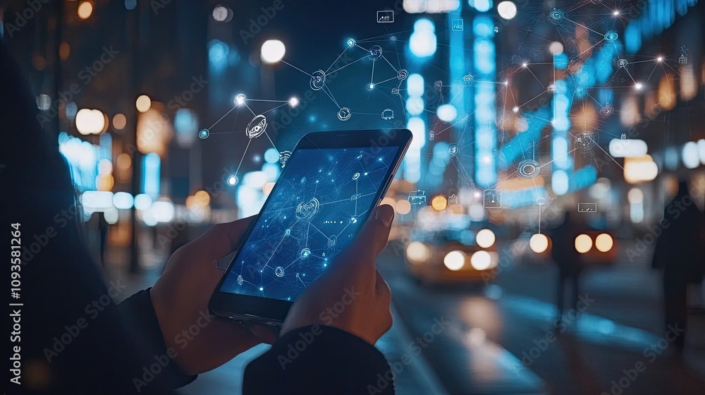 Wall mural person using smartphone at night, network connection displayed.