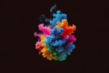 Rainbow smoke from a smoke bomb is floating in the center of the image. Plain black background,