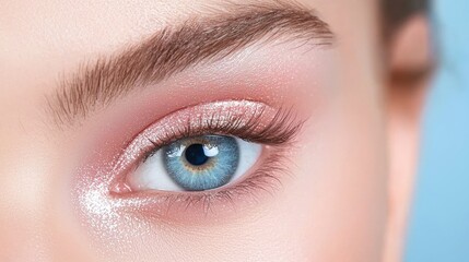A woman with blue eyes and pink eye shadow