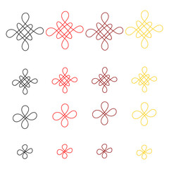 Collection of simplified Chinese knots in different colors. Simple contour silhouettes, red, black, bordo and yellow. Design elements, Chinese New Year celebration style