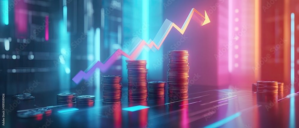 Poster rising stacks of coins with upward trending graph in neon light.