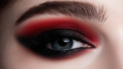 A woman's eye is painted with black and red eyeshadow
