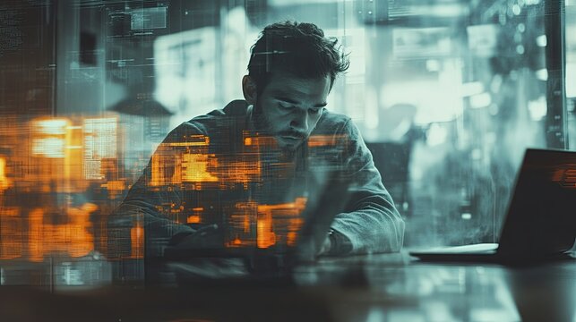 Focused man working on laptop, digital overlay.