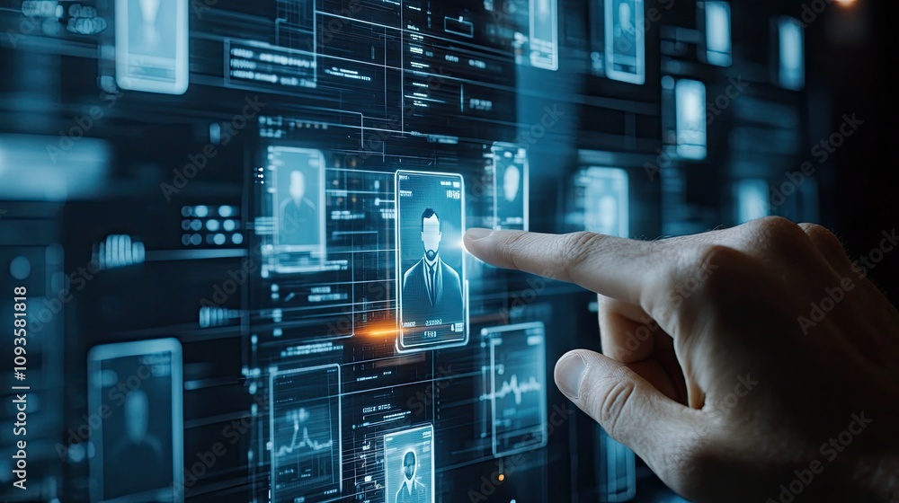 Poster hand selecting a digital profile from a futuristic interface.