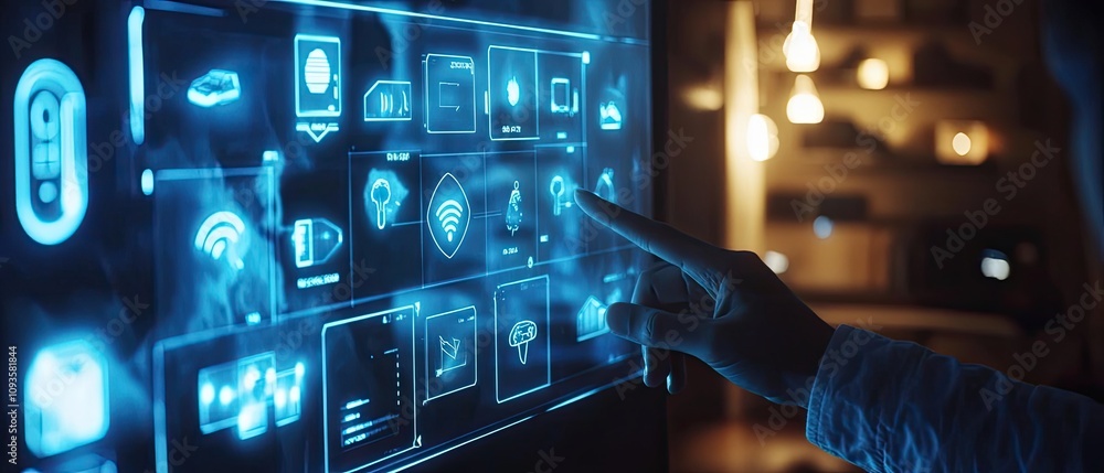 Aufkleber hand interacts with a futuristic smart home interface showing various app icons.