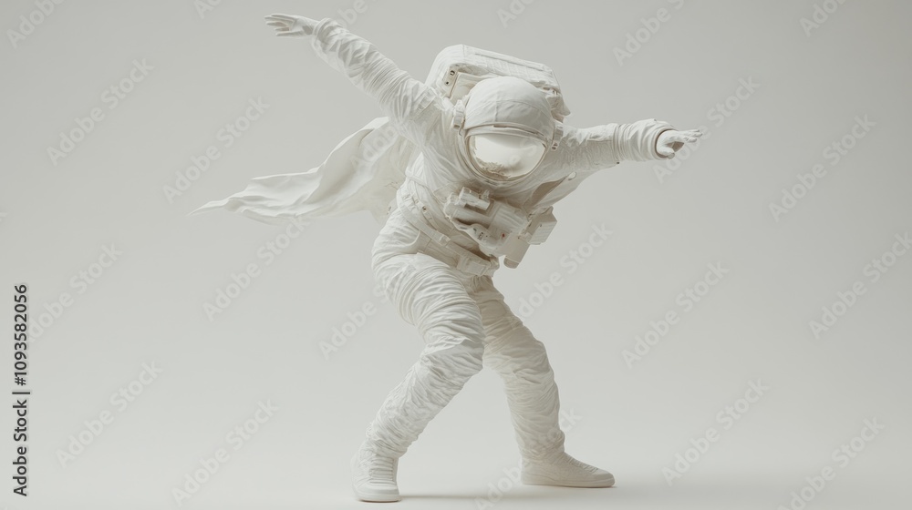 Poster a stylized astronaut figure in a dynamic pose, showcasing creativity and exploration themes.