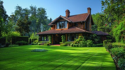 Beautifully landscaped garden surrounding an elegant two-story home in a serene forest setting. Generative AI