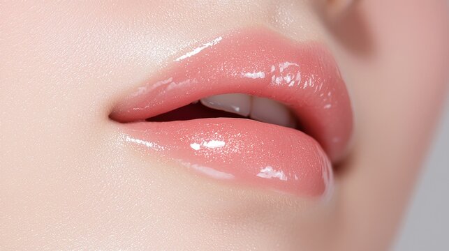 A woman's lips are painted with a shiny, pink lip gloss