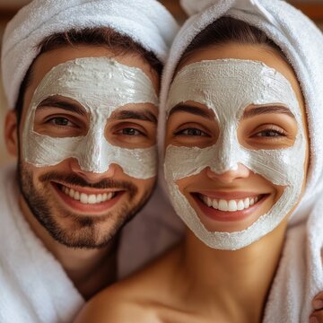 A happy couple wearing towels and facial masks, showcasing a fun and relaxing spa day experience together.