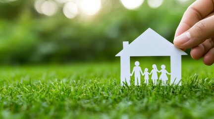 Hand placing a paper family cutout under a house-shaped cutout on fresh green grass, symbolizing home, family, and security.
