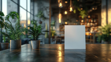 blank white paper mockup in table tent on glass light blur office background, empty poster, advertisement template, menu in cafe, sign, copy space, place for text