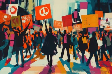 Large crowd participates in vibrant 1960s protest march. People carry colorful posters, signs. Activity takes place on city street. Strong social message expressed through bold posters with creative