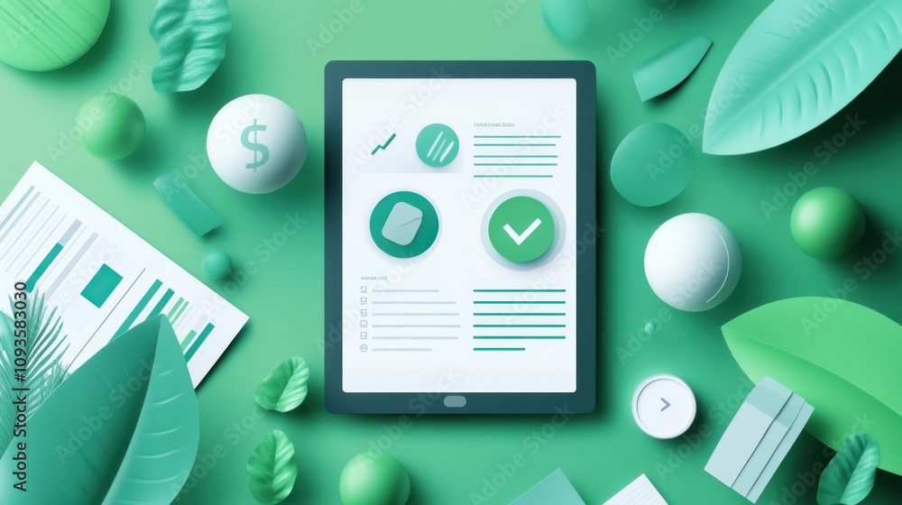 Poster a digital tablet surrounded by various green elements, symbolizing data and analytics.