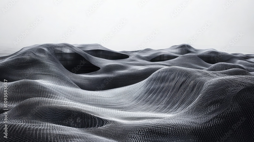 Aufkleber abstract grayscale 3d render of undulating metallic mesh landscape.