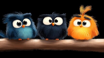 A group of three colorful birds sitting on a branch