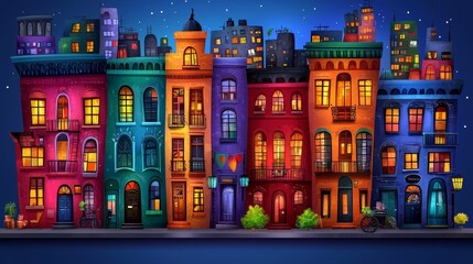 Fototapeta premium A row of colorful buildings in a city at night