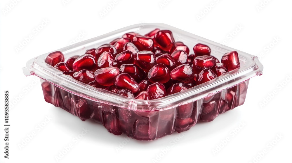 Poster a clear plastic container filled with shiny red pomegranate seeds, ready for consumption.