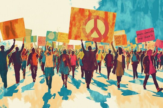 Large crowd marches for peace in 1960s. People hold colorful signs, peace symbols. Colorful clothing highlights activism. Lively poster art style. Demonstration for social change. 1960s protest