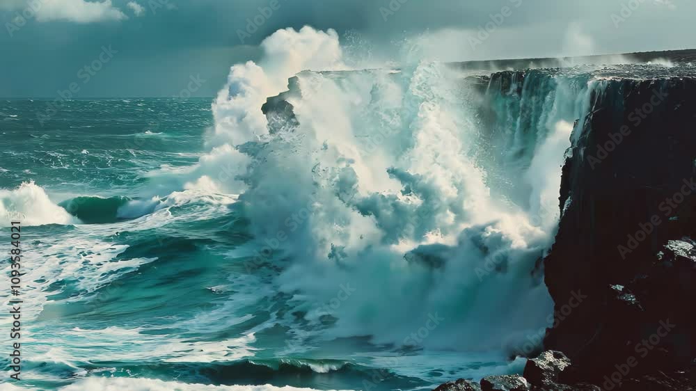 Poster a powerful wave crashes against a rugged cliff, creating a dramatic scene under a cloudy sky, waves 