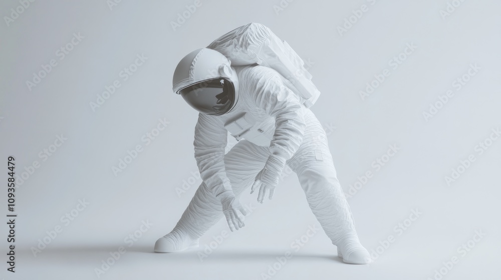 Poster A white astronaut figure in a dynamic pose against a minimalistic background.