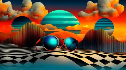 A pair of sunglasses sitting on top of a beach