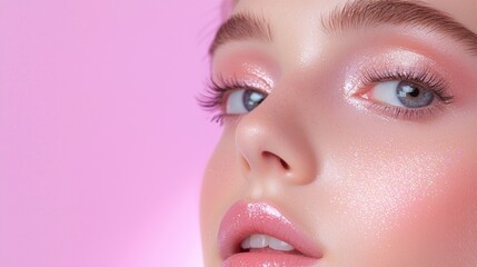 Fototapeta premium A woman with pink hair and pink eyeshadow