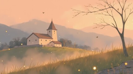 Fototapeta premium Tranquil Church on a Hill at Sunset – Peaceful Countryside Illustration