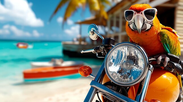 A parrot sitting on the handlebars of a motorcycle on the beach