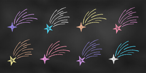 Children's Chalk Drawn Sketch. Set of Design Elements Falling Stars of Different Colors Isolated on Black Blackboard.