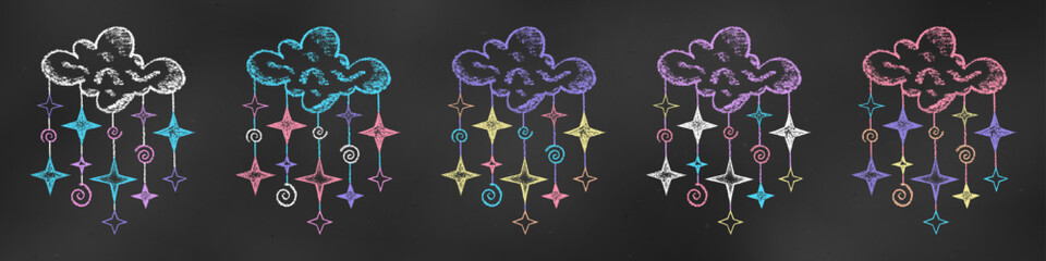 Set of Design Elements Clouds with Dangling Threads of Stars Isolated on Chalkboard Backdrop. Children's Chalk Drawn Sketch.