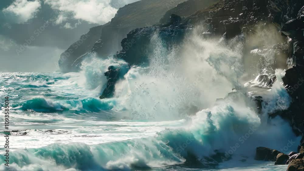 Poster a breathtaking view of powerful waves crashing against rugged cliffs, creating a dramatic and beauti