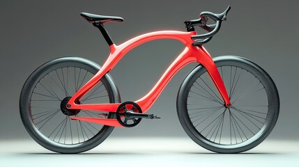 Fototapeta premium Sleek red bicycle with curved frame, black wheels and components.