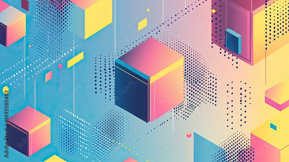 Poster abstract geometric background with colorful cubes and halftone patterns.
