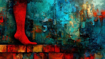 A painting of a woman's legs in red socks on a brick wall