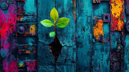 A green plant growing out of a crack in a wooden wall