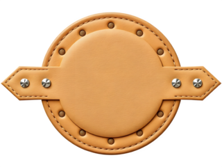 Tan leather badge with stitching and rivets. Perfect for branding or design mockups.