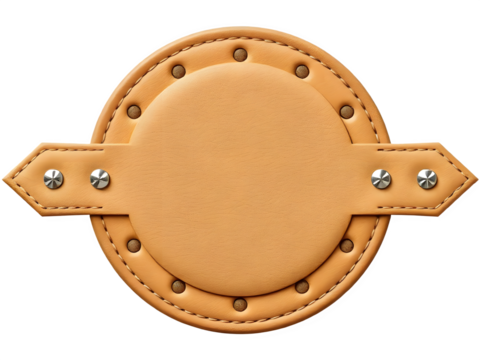 Tan leather badge with stitching and rivets. Perfect for branding or design mockups.
