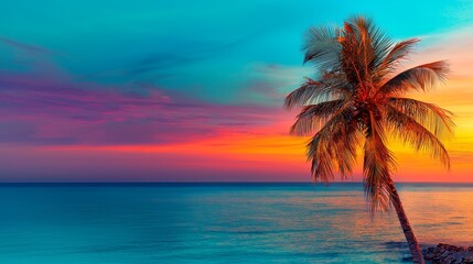A lone palm tree on the shore of the ocean at sunset